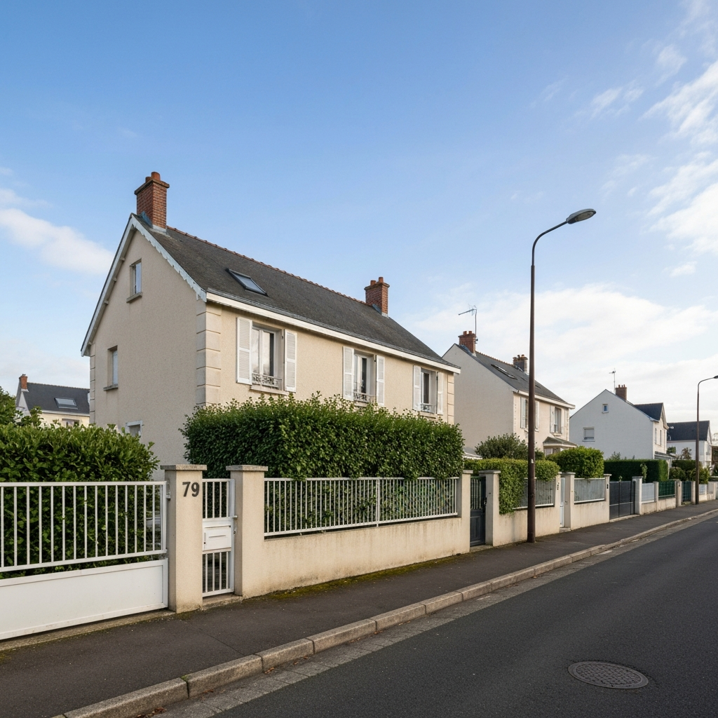 Vue de la façade d'une maison dans la rue des Abbesses à Chelles pour estimation