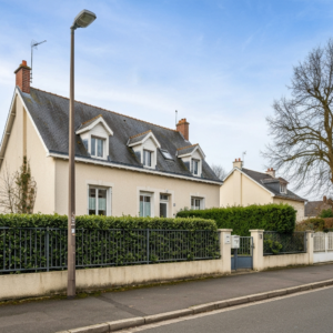 Vue de la Rue des Ormes à Chelles avec des maisons et des panneaux immobiliers